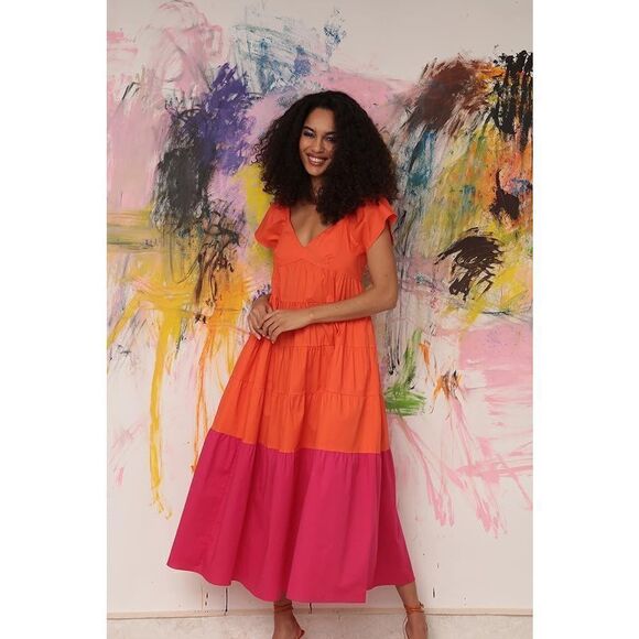 Donna Morgan‎ Colorblock Tiered Trapeze Midi Dress Pink Orange Size 2P Maxi - Picture 5 of 12